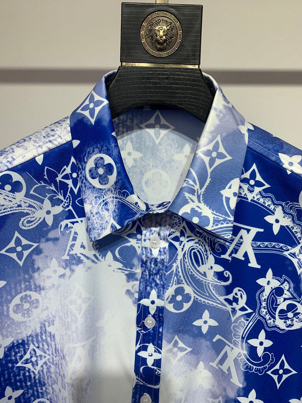 Close-up detail shot of Louis Vuitton cotton t-shirt with signature branding