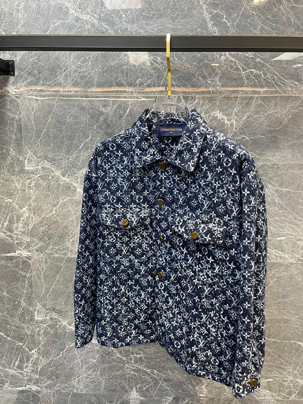 Front view of Louis Vuitton luxury clothing with logo-detail design
