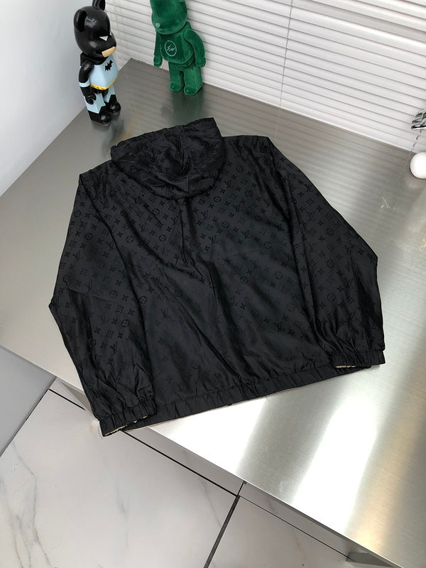 Back view of Louis Vuitton luxury clothing with signature branding