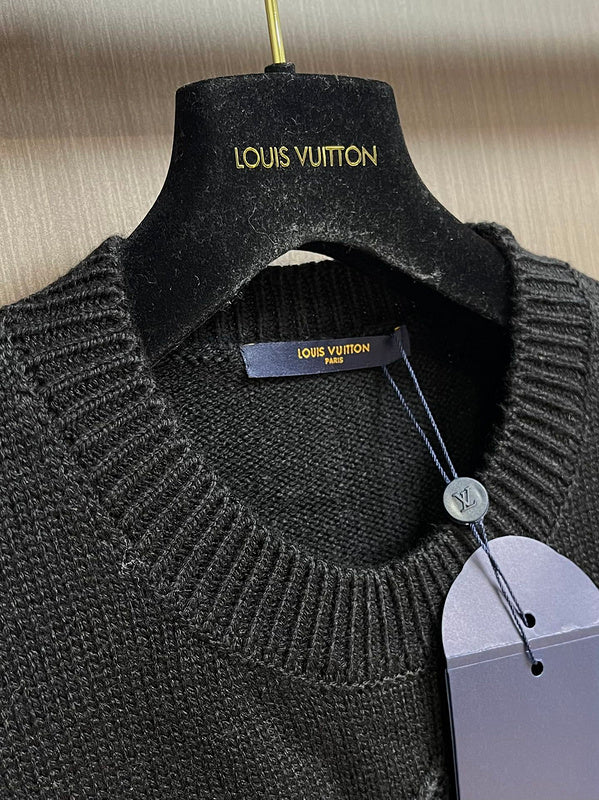 Front view of Louis Vuitton luxury clothing with monogram-inspired silhouette