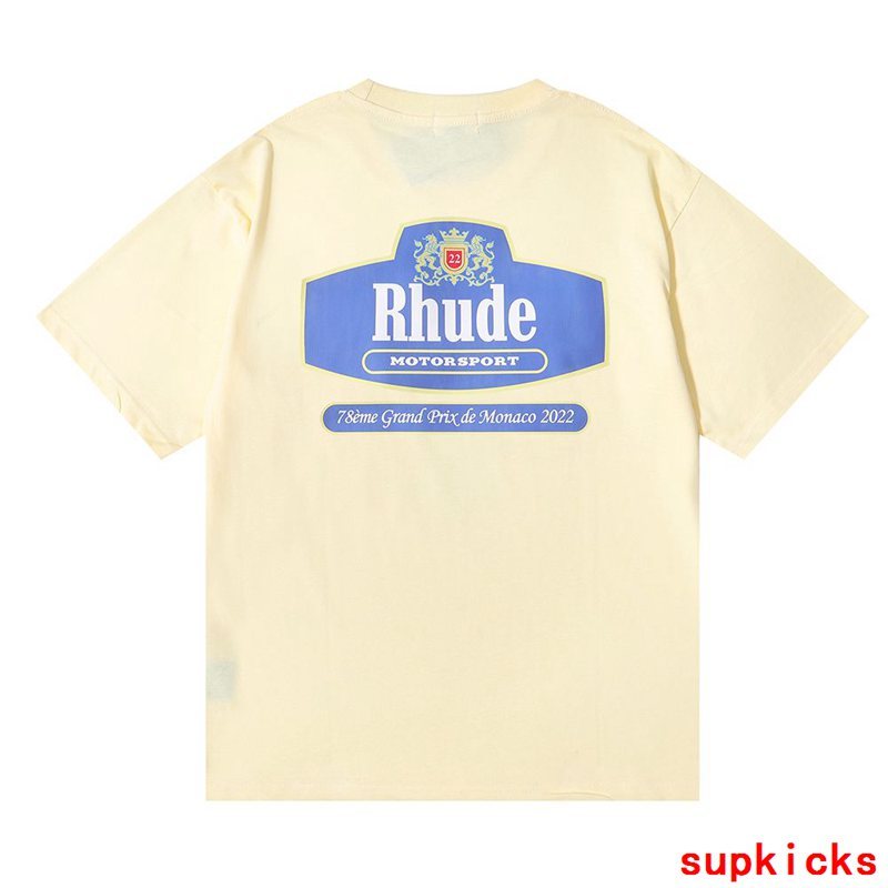 Side profile of Rhude luxury clothing with label-forward styling