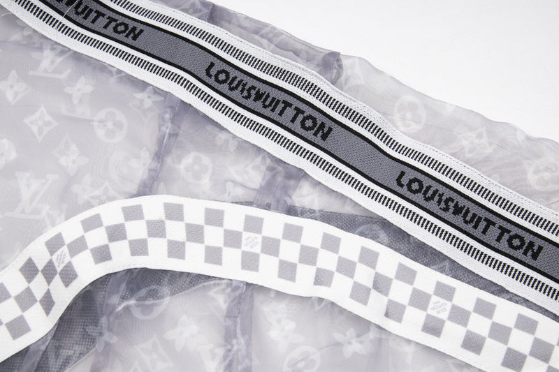 Side profile of Louis Vuitton luxury clothing with monogram-inspired silhouette