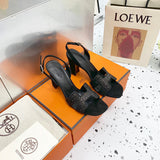 Hermès Grey Block Heel Sandals - Side Profile View