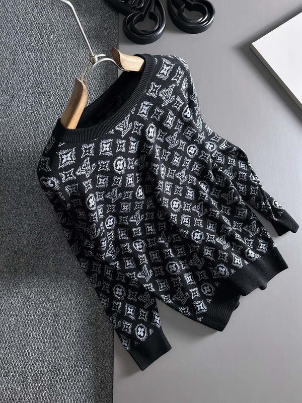 Front view of Louis Vuitton luxury clothing with logo-detail design