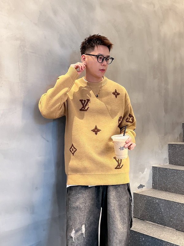 Front view of Louis Vuitton luxury clothing with signature branding