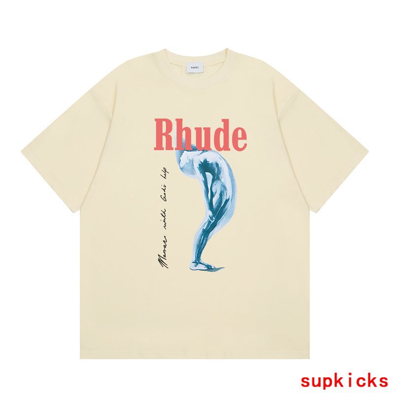 Close-up detail shot of Rhude luxury clothing with contemporary cut