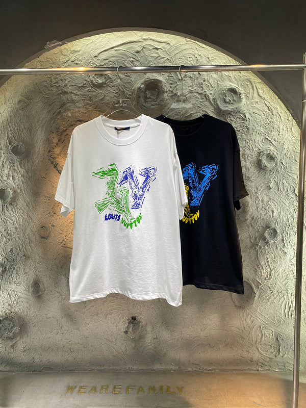 Close-up detail shot of Louis Vuitton cotton t-shirt with runway-inspired design