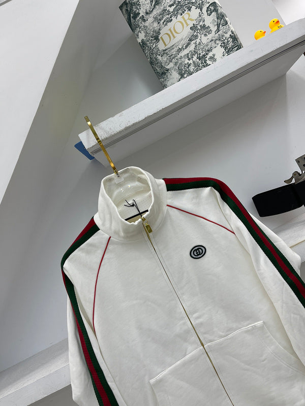 Close-up detail shot of Gucci luxury clothing with label-forward styling