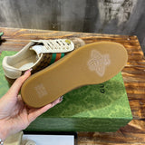 Side profile of Gucci neutral cream sneakers breathable knit upper