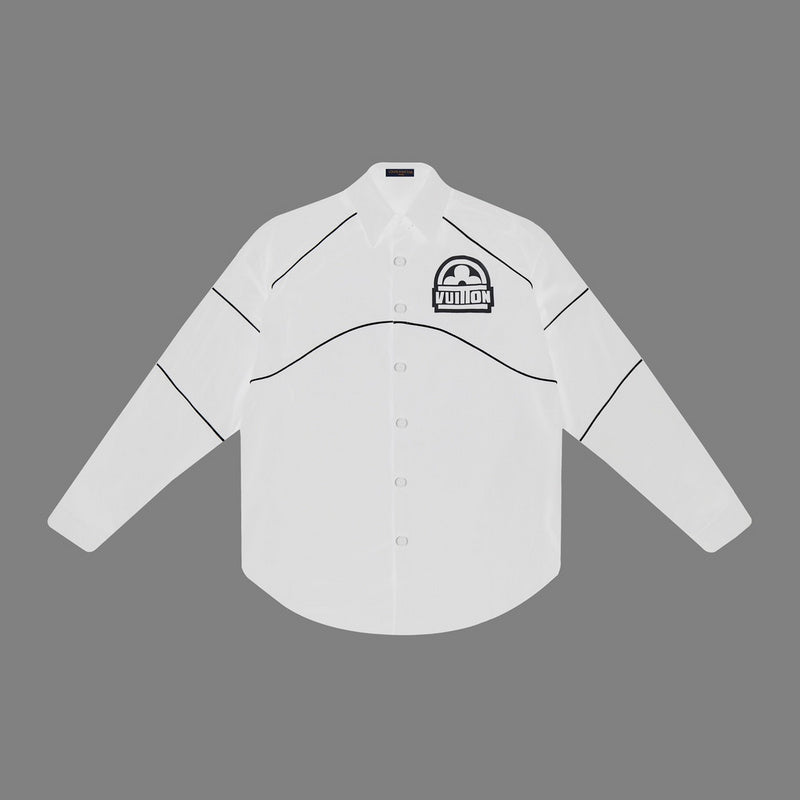 Side profile of Louis Vuitton luxury clothing with logo-detail design