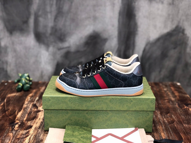 Side profile of Gucci neutral cream sneakers signature lace-up style