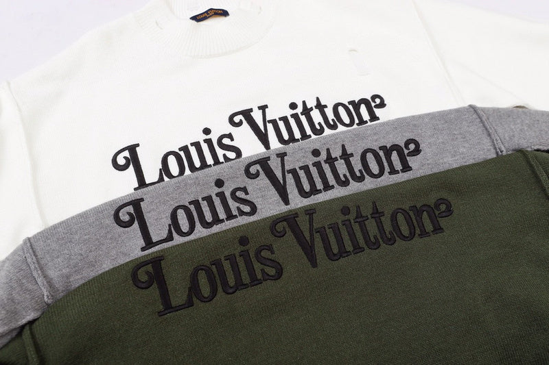 Back view of Louis Vuitton luxury clothing with label-forward styling