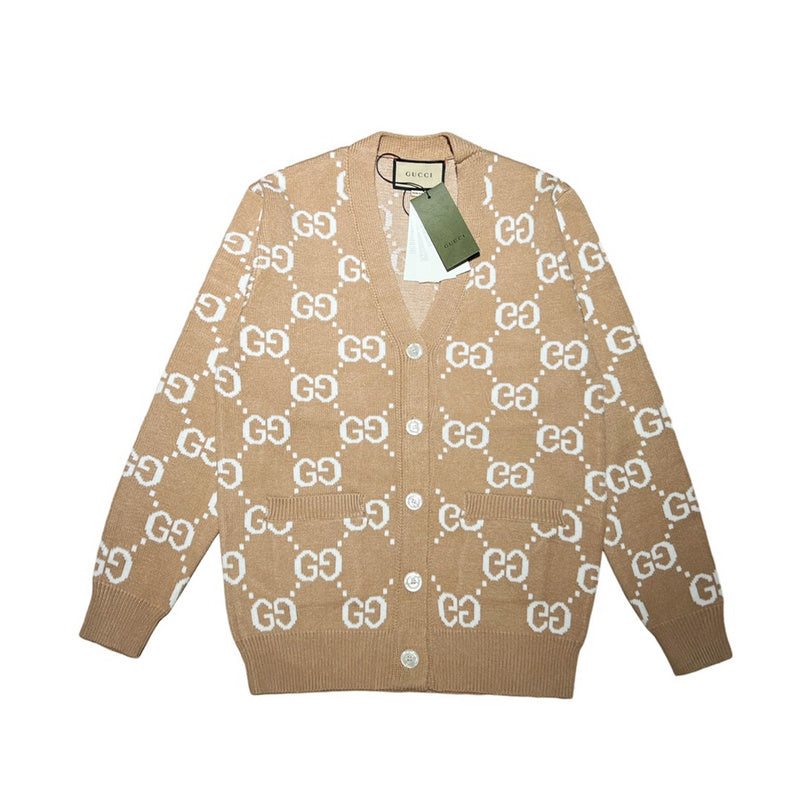 Front view of Gucci luxury clothing with monogram-inspired silhouette