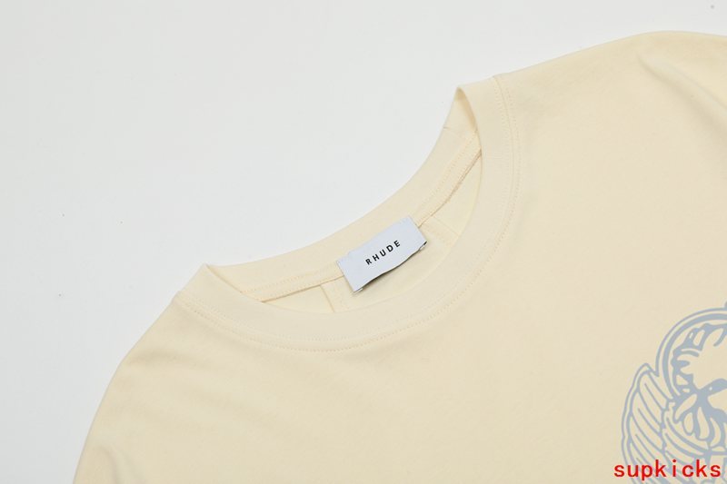 Side profile of Rhude luxury clothing with logo-detail design