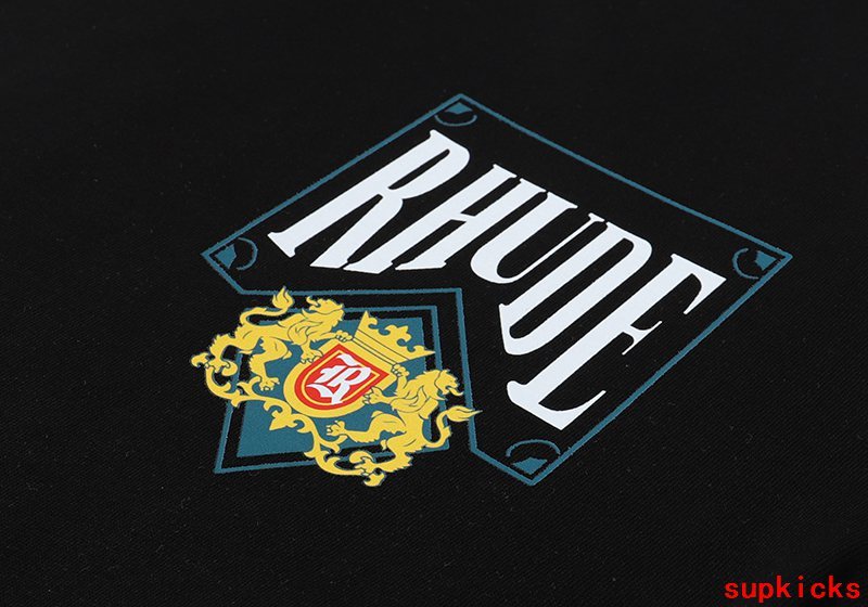 Close-up detail shot of Rhude luxury clothing with monogram-inspired silhouette