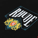 Close-up detail shot of Rhude luxury clothing with monogram-inspired silhouette