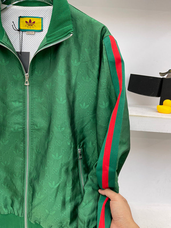Side profile of Gucci luxury clothing with label-forward styling