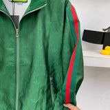 Side profile of Gucci luxury clothing with label-forward styling