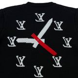 Back view of Louis Vuitton luxury clothing with label-forward styling