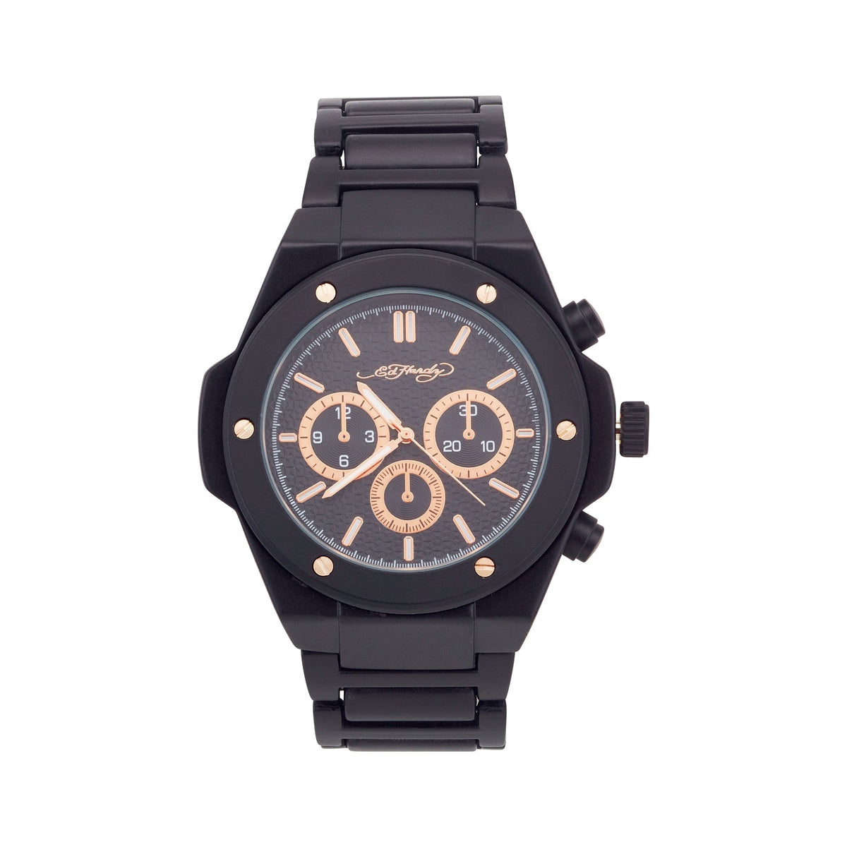 Close-up detail view of Ed Hardy men's black watch