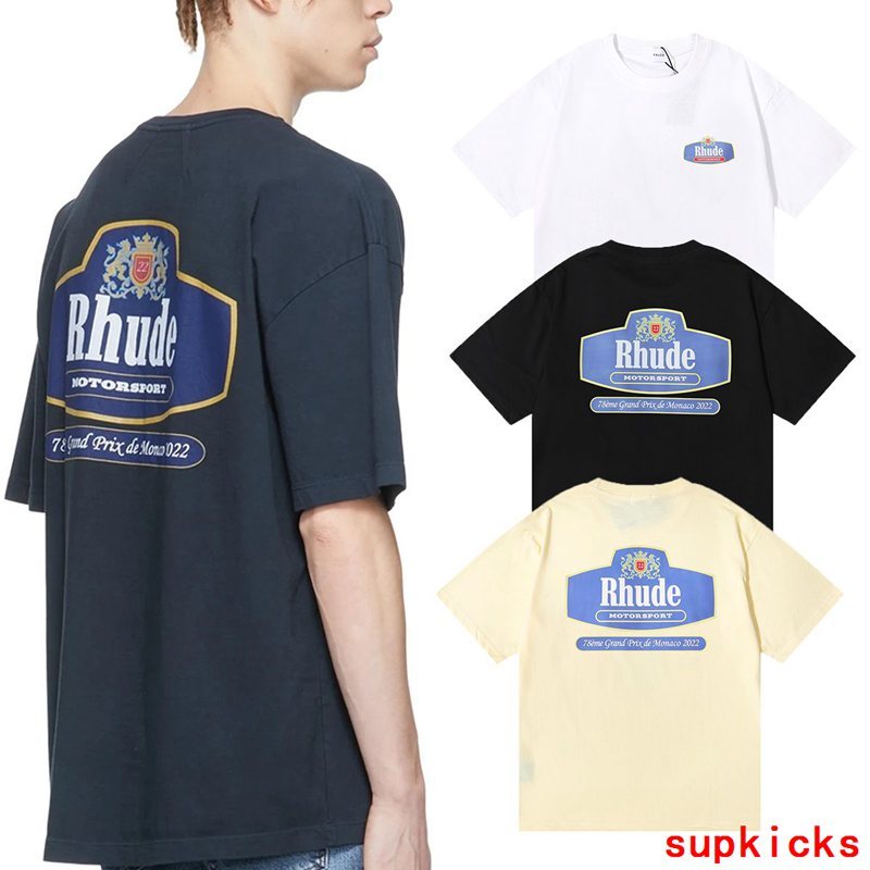 Back view of Rhude luxury clothing with label-forward styling