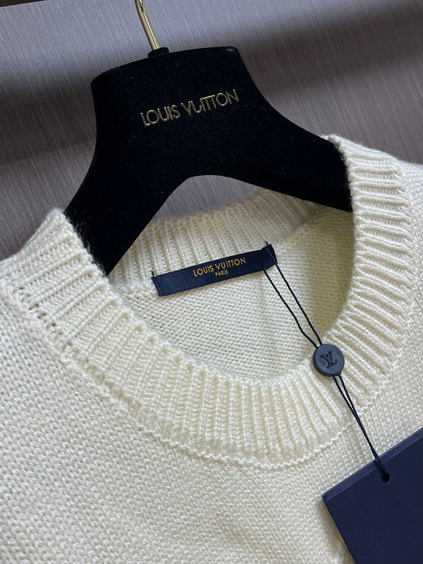 Front view of Louis Vuitton luxury clothing with monogram-inspired silhouette