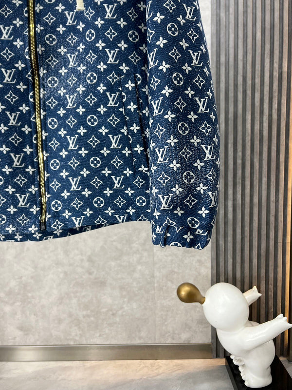 Back view of Louis Vuitton luxury clothing with label-forward styling
