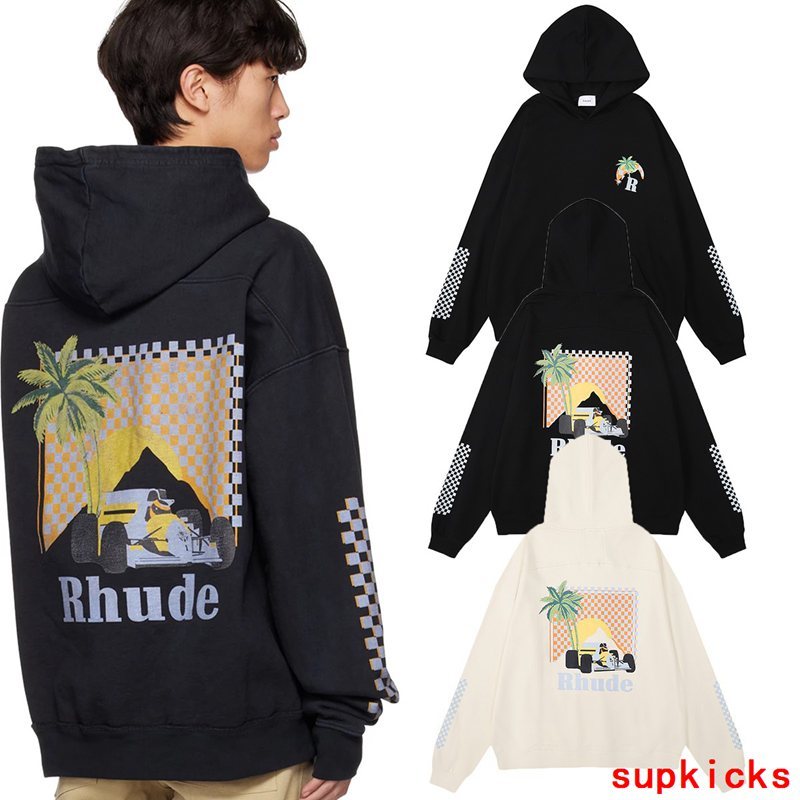 Back view of Rhude luxury clothing with signature branding