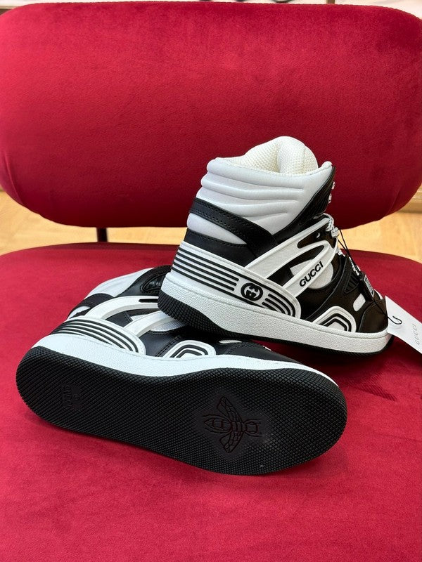 Side profile of Gucci two-tone sneakers streetwear statement look