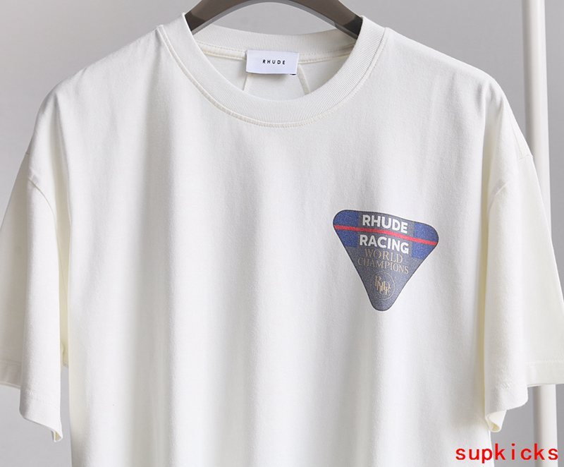 Close-up detail shot of Rhude luxury clothing with monogram-inspired silhouette