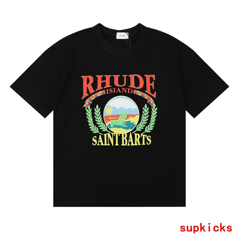 Side profile of Rhude luxury clothing with signature branding