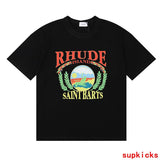 Side profile of Rhude luxury clothing with signature branding