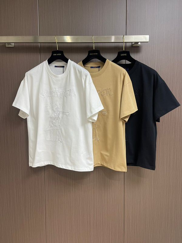Close-up detail shot of Louis Vuitton cotton t-shirt with logo-detail design