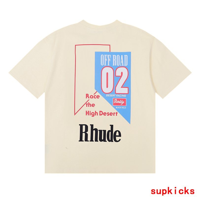 Front view of Rhude luxury clothing with monogram-inspired silhouette