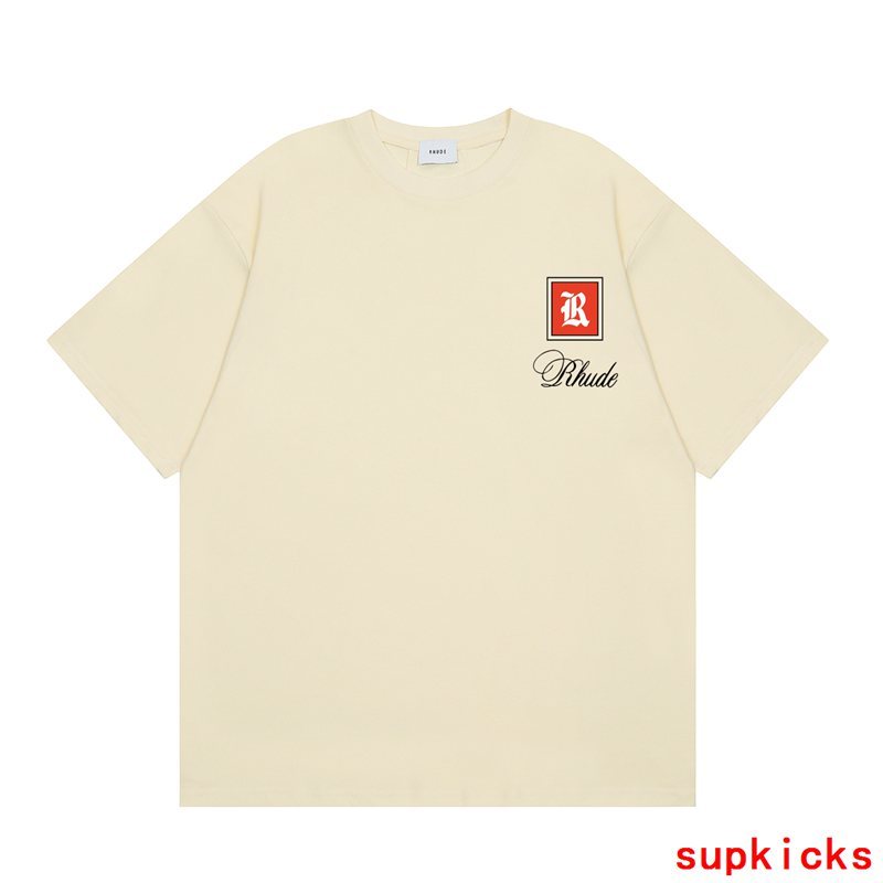 Flat lay presentation of Rhude luxury clothing with signature branding