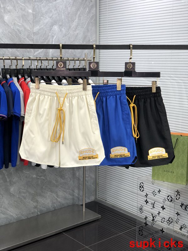 Close-up detail shot of Rhude luxury clothing with streetwear-inspired cut