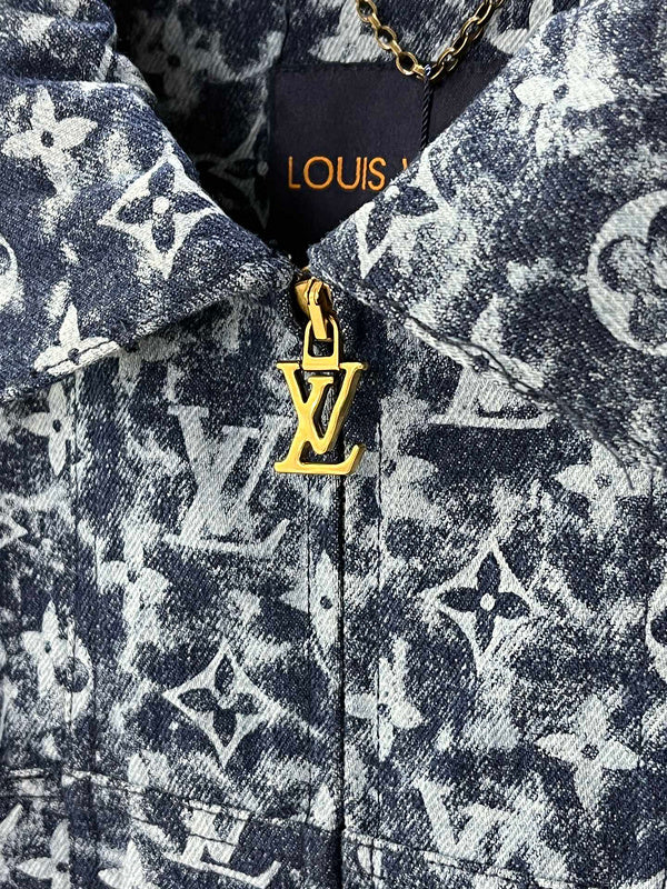 Close-up detail shot of Louis Vuitton luxury clothing with runway-inspired design