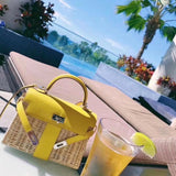 Side view of polished structured handbag