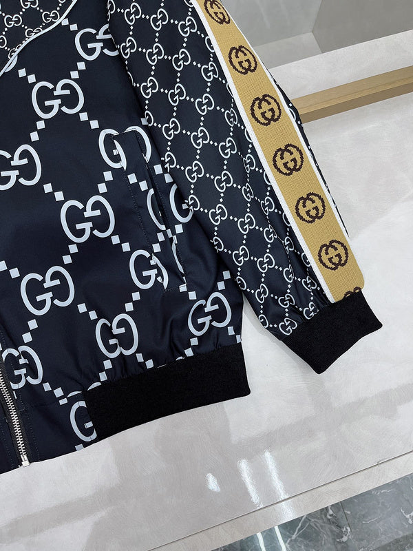 Close-up detail shot of Gucci luxury clothing with logo-detail design
