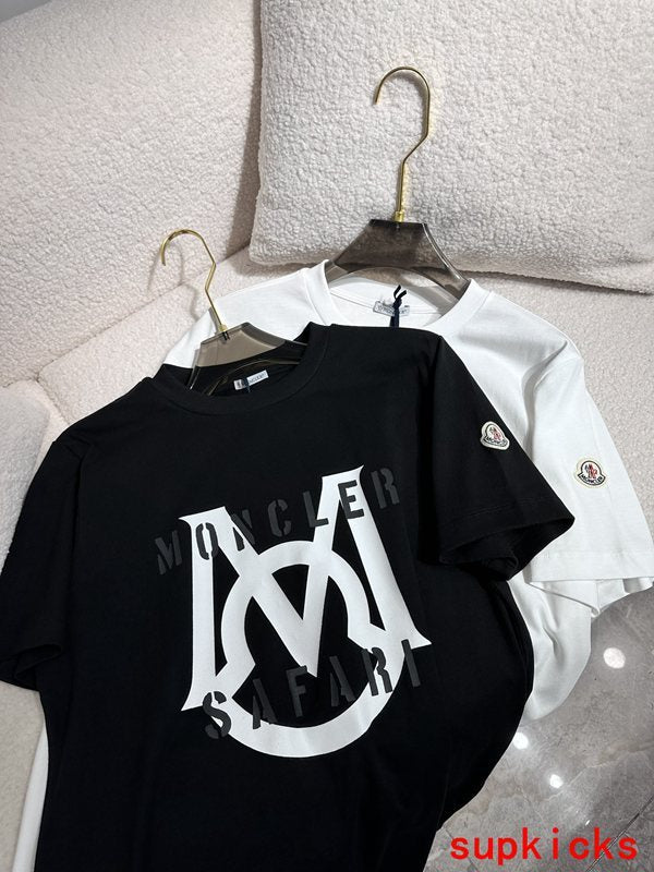Front view of Moncler luxury clothing with monogram-inspired silhouette