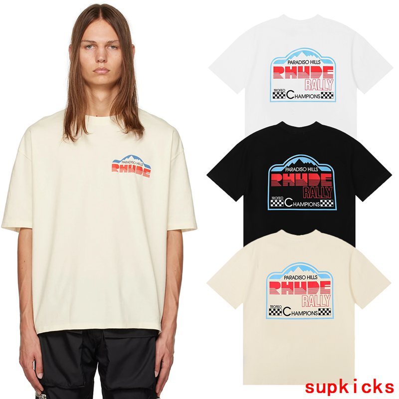 Back view of Rhude luxury clothing with signature branding