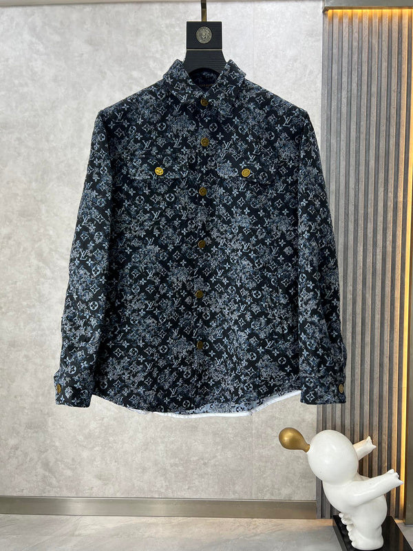Front view of Louis Vuitton luxury clothing with label-forward styling