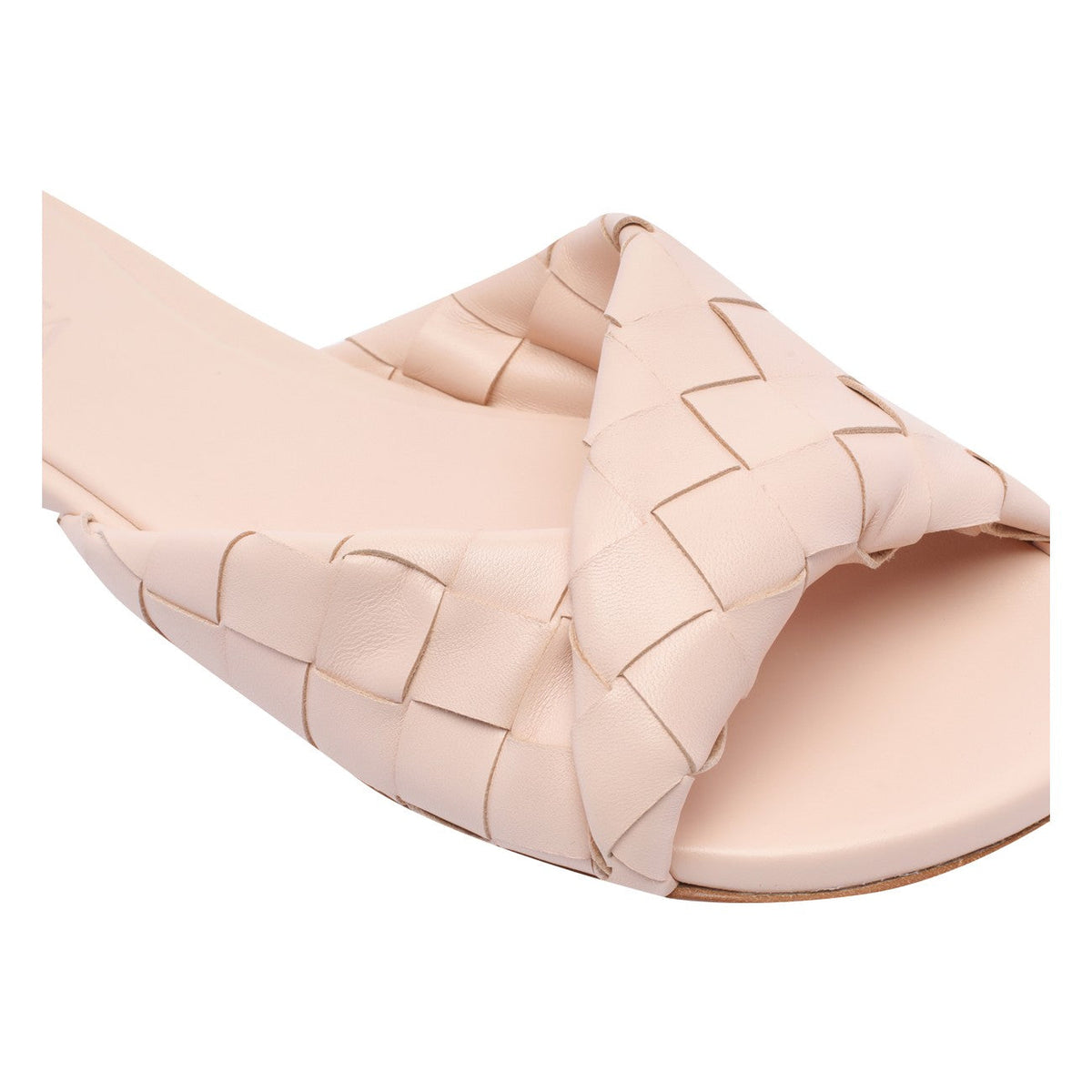 Close-up of Bottega Veneta sandals hardware and fine stitching