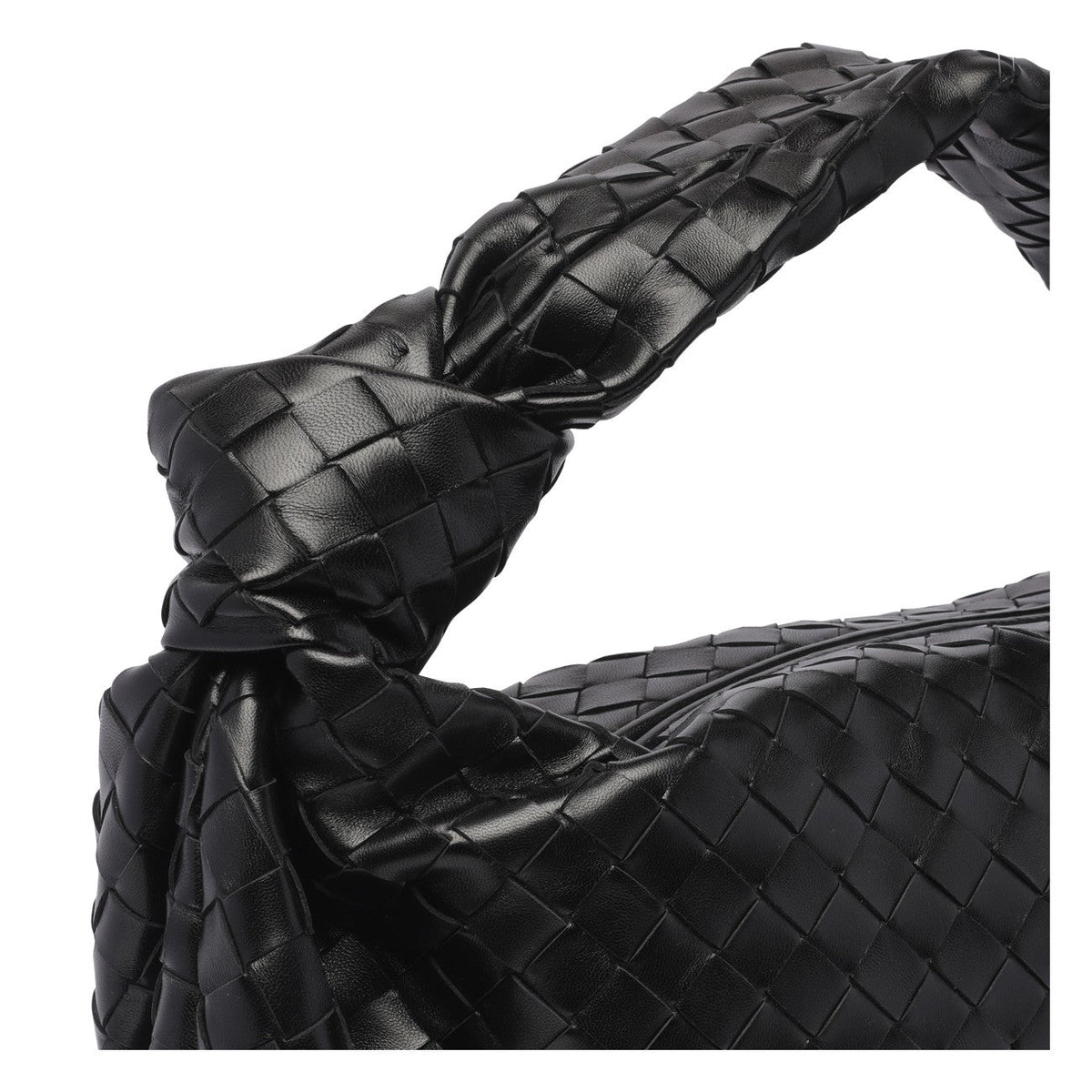 Close-up of Bottega Veneta shoulder bags hardware and fine stitching