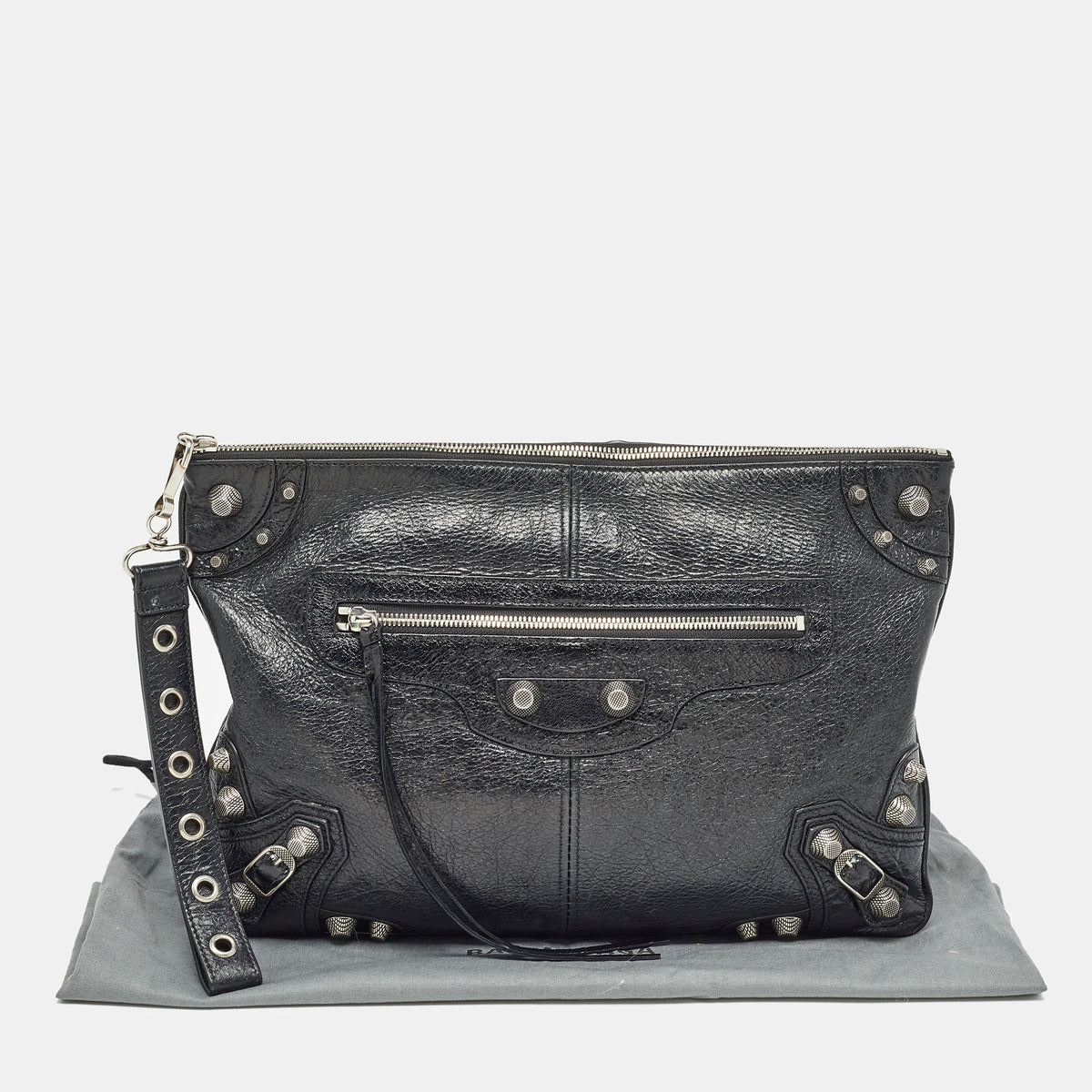 Balenciaga Black Leather Le Cagole Wristlet Pouch | Studded Leather Shoulder Bag