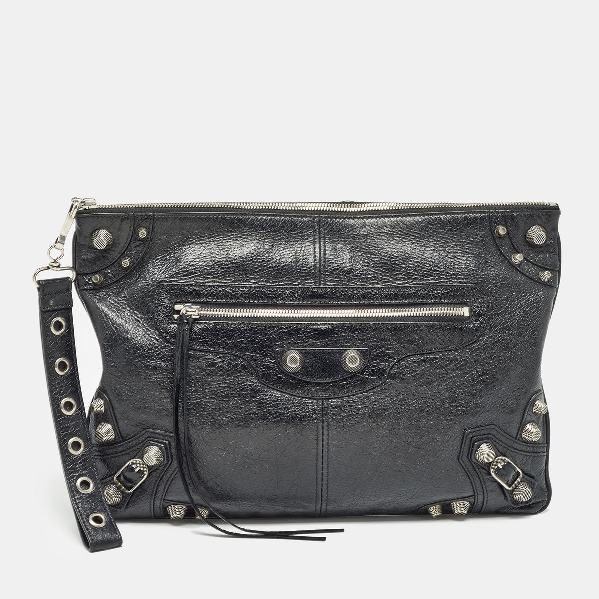 Balenciaga Black Leather Le Cagole Wristlet Pouch | Studded Leather Shoulder Bag