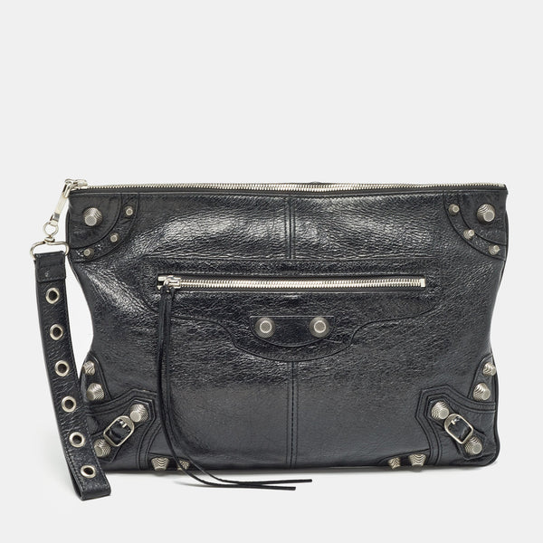 Balenciaga Black Leather Le Cagole Wristlet Pouch | Studded Leather Shoulder Bag