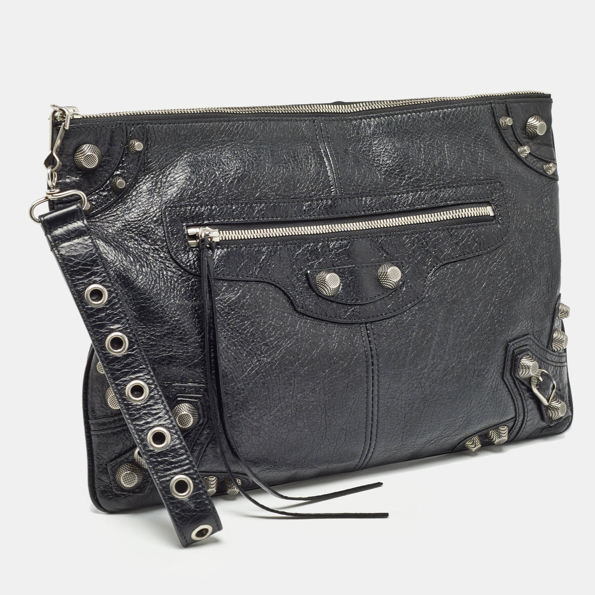 Balenciaga Black Leather Le Cagole Wristlet Pouch | Studded Leather Shoulder Bag