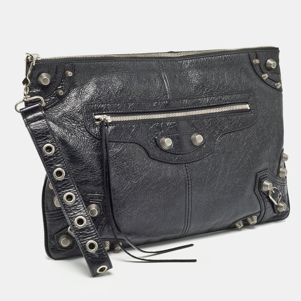 Balenciaga Black Leather Le Cagole Wristlet Pouch | Studded Leather Shoulder Bag