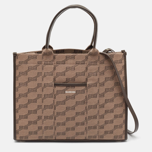 Balenciaga Beige/Brown BB Monogram Canvas and Leather Medium Hardware Tote | Designer Luxury Handbag
